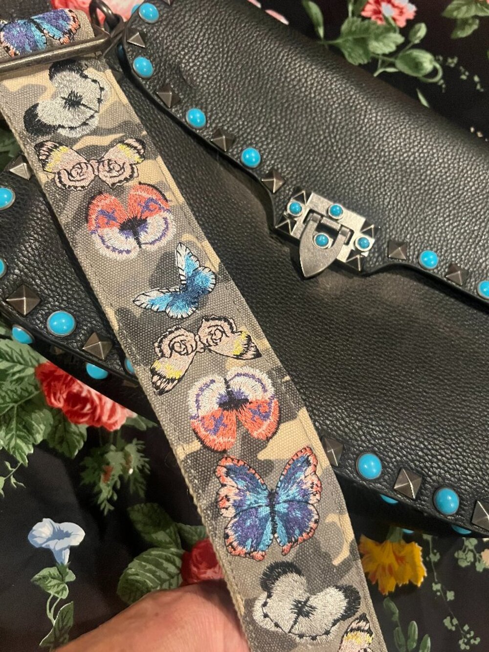 Inzi Black Pebbled Leather Turquoise Studded Flap Crossbody Bag Butterfly Strap